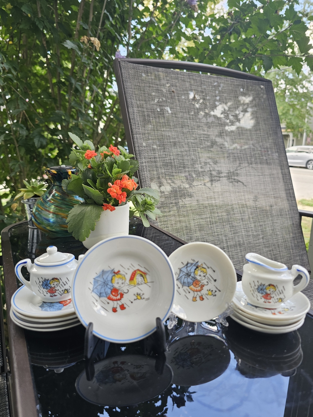 Vintage Child's Mini Porcelain Tea Set - "April Showers" Girl with Umbrella